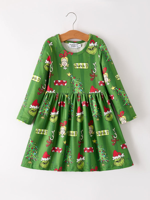 holiday-elf-and-christmas-tree-pattern-girls-dress Rylee Faith Designs - Sophia's StyleDress-1